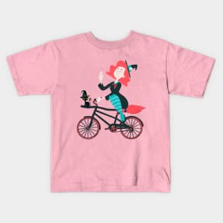 Cute Cartoon Witch Riding a Bicycle Kids T-Shirt